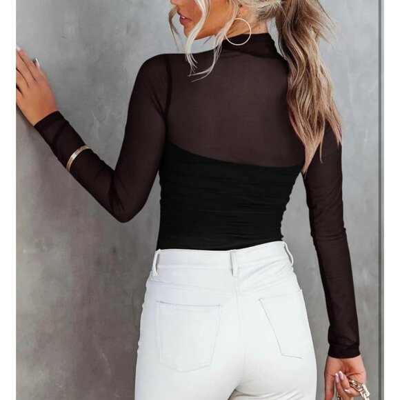 Womens Sexy Sheer Mesh Black Long-Sleeve Mock Turtleneck Bodysuit Reoria Medium - Picture 2 of 9